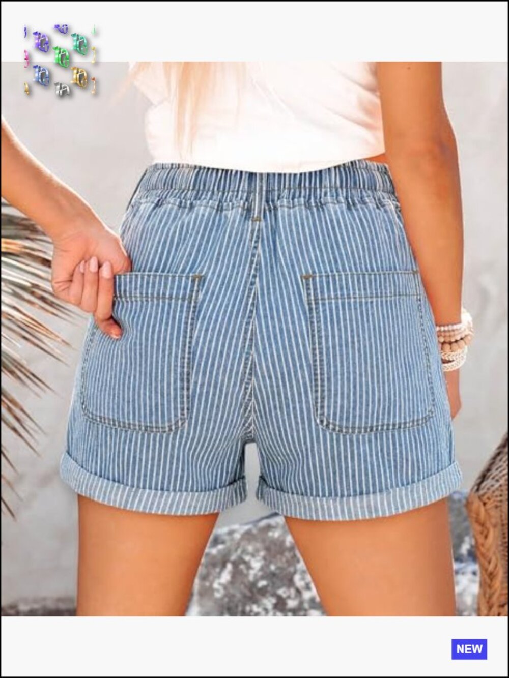 High Waisted Drawstring Elastic Waist Summer Stretchy Denim Jorts with Pockets - Picture 4 of 6